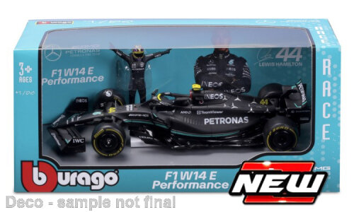 Mercedes AMG W14 E Performance, No.44, Mercedes AMG Petronas Formula One team, Petronas, formula 1, with figure of driver, L.Hamilton, 2023