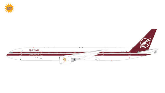 Boeing 777-300ER Qatar Airways A7-BAC 25th Anniversary retro livery flaps down