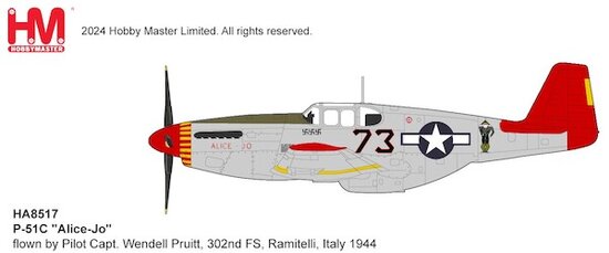 P51C Mustang USAAF "Alice-Jo" pilotovaný kapitánom pilotom Wendellom Pruittom, 302nd FS, Ramitelli, Taliansko 1944