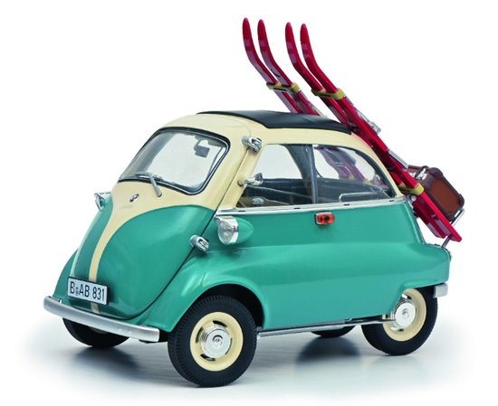 BMW Isetta „Wintersport“ mit Gepäckträger, Koffer und Skier, türkis / weiß