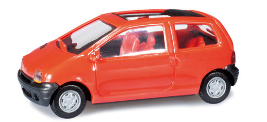 Renault Twingo, with folding top open, light red