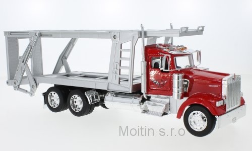 Kenworth W900, červený - strieborný, automobilový prepravník