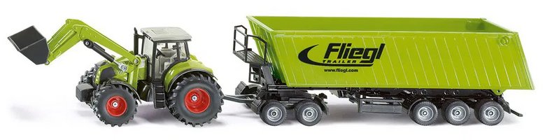 Traktor s čelným nakladačom, vozíkom a sklápacím prívesom 