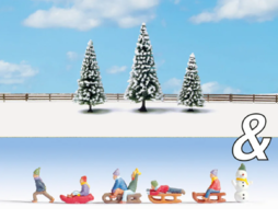 Súprava dekorácií "Deti v snehu a zasnežená jedľa"