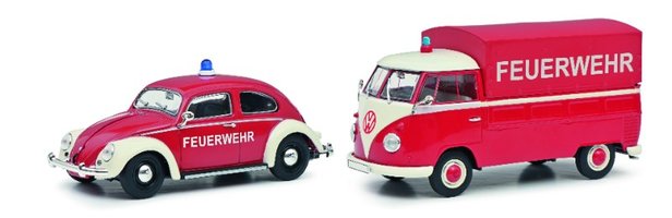 Set 2 Feuerwehrwagen, VW Käfer und VW T1 Plane, rot / weiß