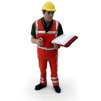 Figure - Gerard inspecting work.Orange safety jacket with helmet