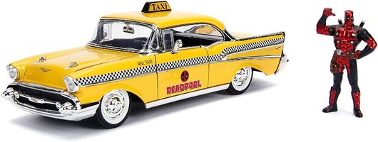 Chevrolet Bel Air Taxi Yellow 1957 with Deadpool Die-cast Figure Marvel Series